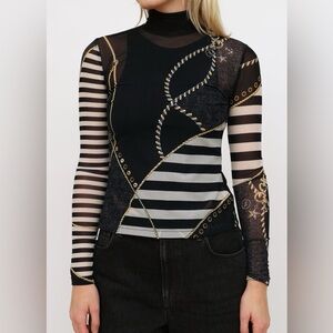 St. John Sport Mock Neck Top Black Gold Stripe Mesh Large